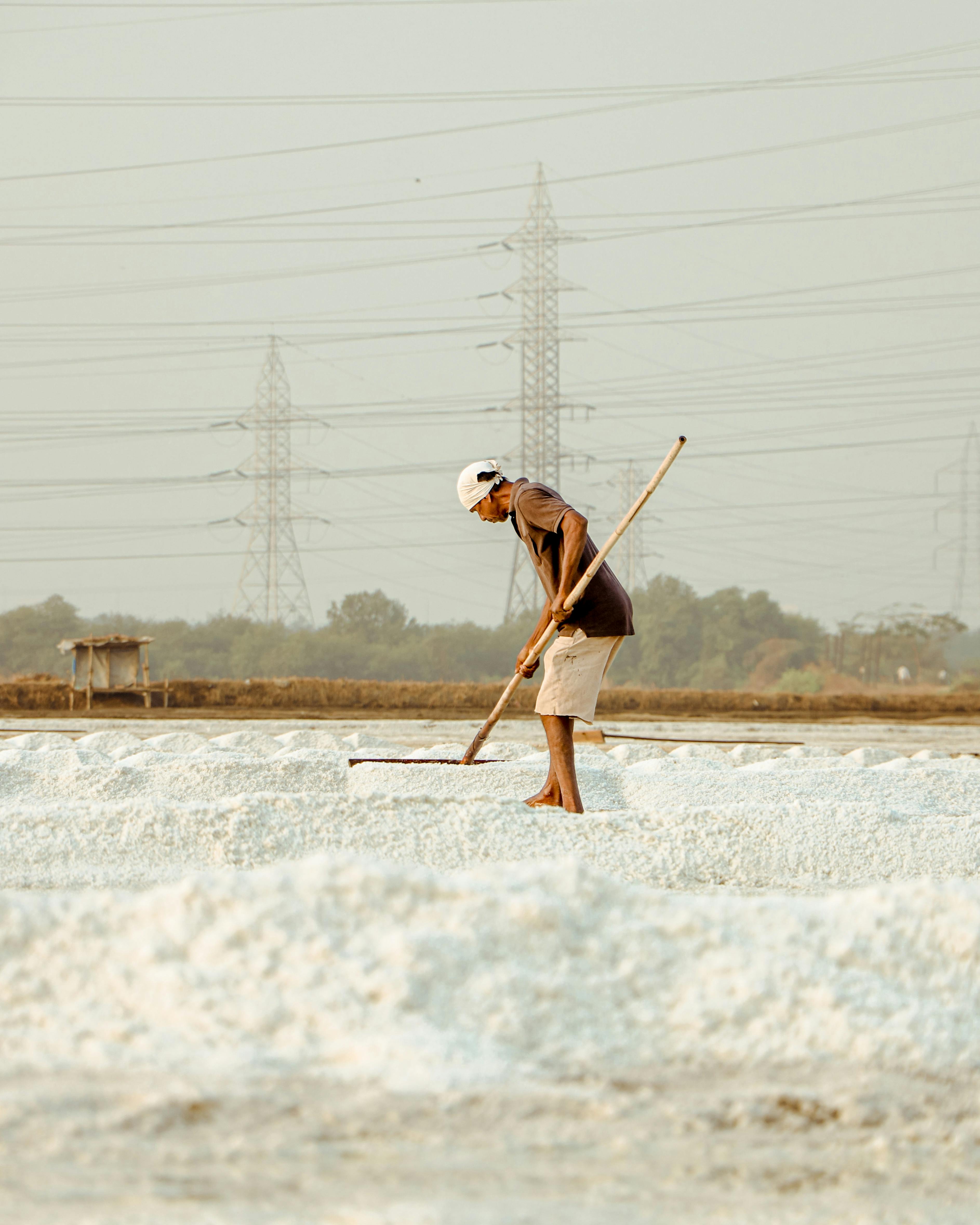 Man harvesting salt in a traditional outdoor salt field under the warm sun.